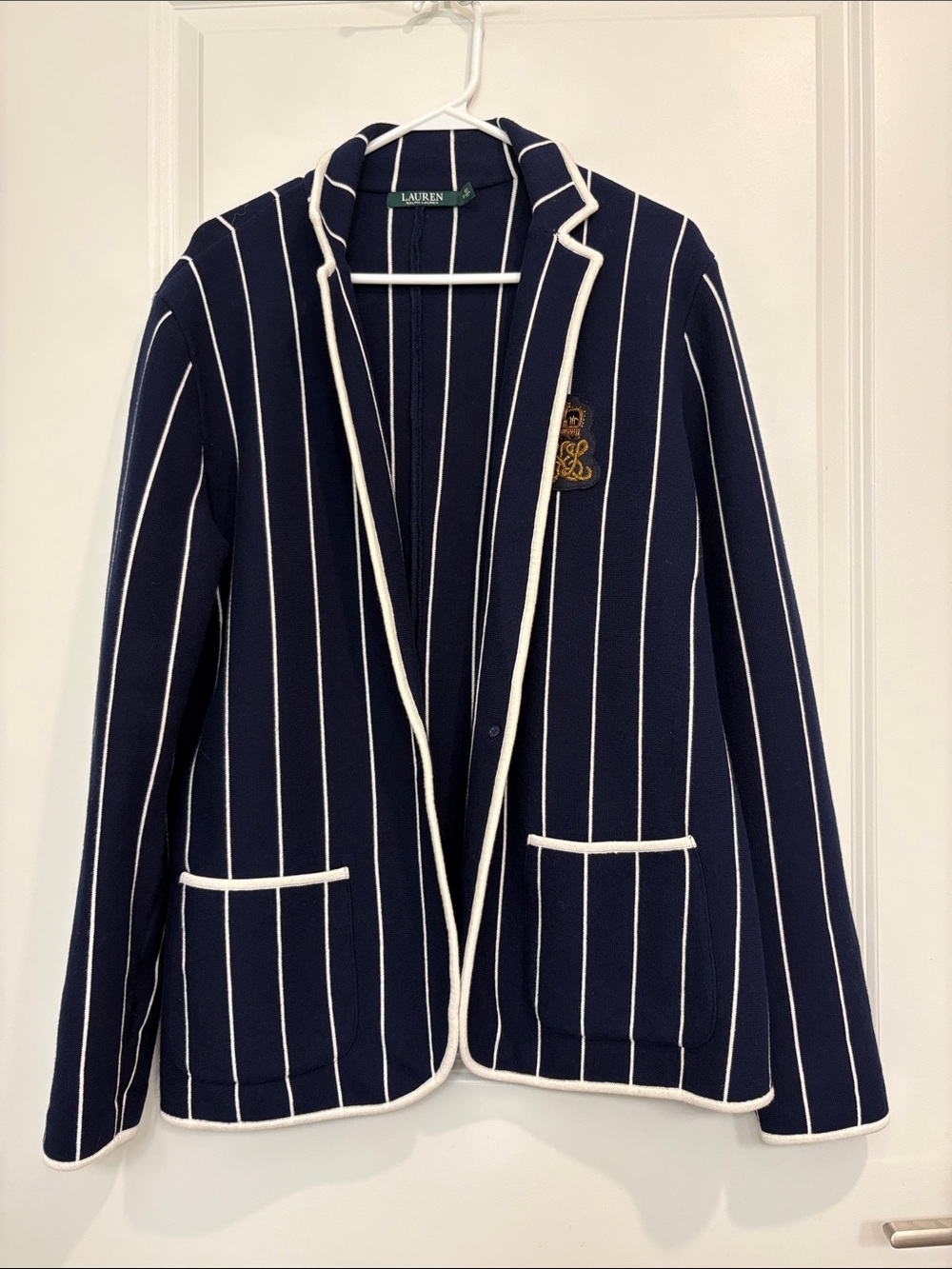 Lauren Ralph Lauren XL Navy CottonBlend Pinstripe Bullion Blazer with White Trim